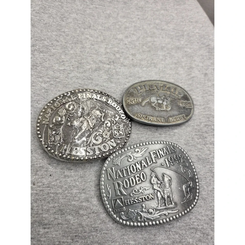 Lot of 3 Hesston National Finals Rodeo Spokane Derby Bull Riding Belt Buckles